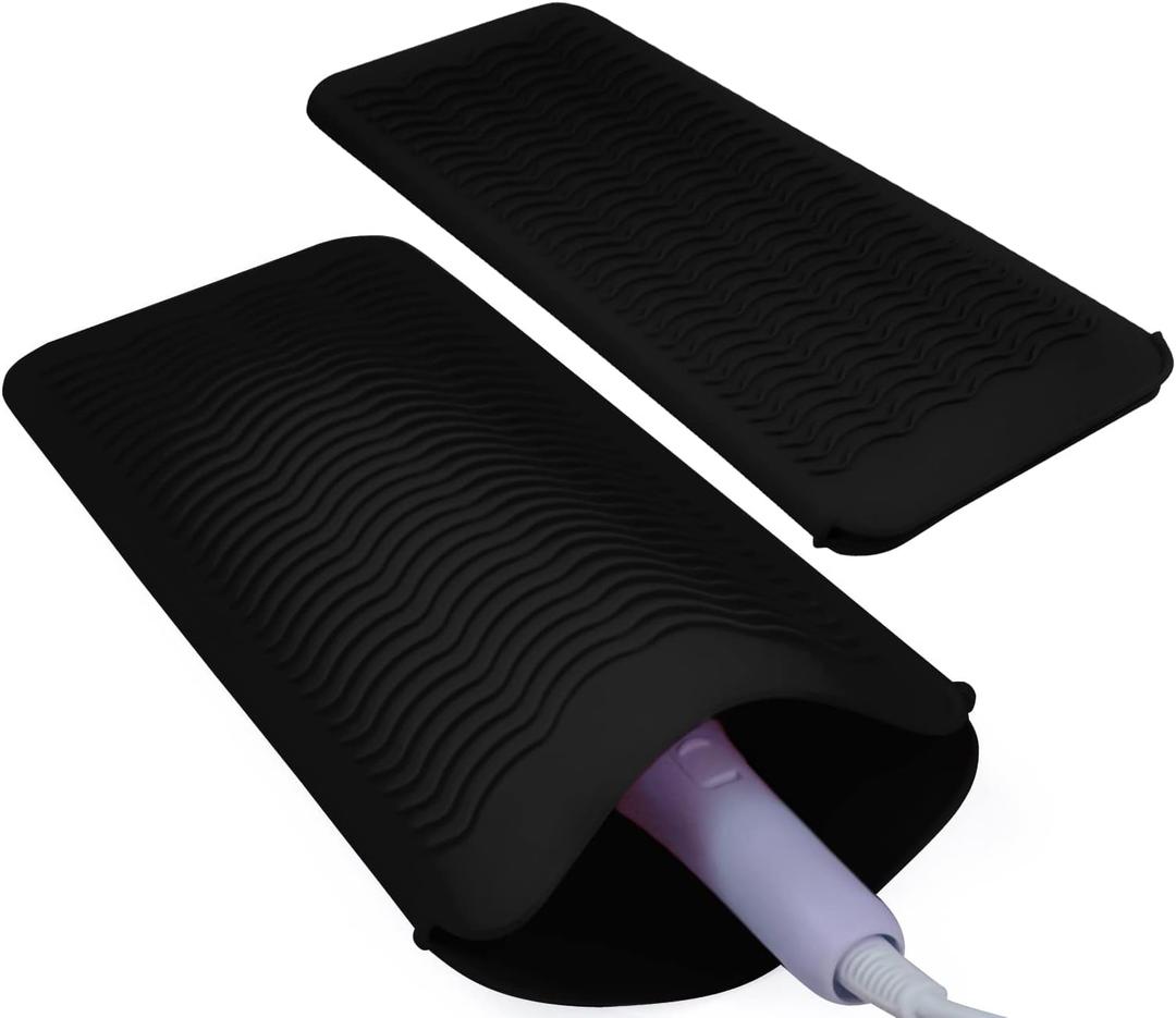 2PCS Silicone Heat Resistant Mat Pouch for Hair Straightener, Curling Iron, Flat Iron and Hot Hair Tools Black