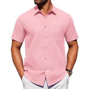 Alimens & Gentle Men's Short Sleeve Dress Shirts Wrinkle Free Untucked Casual Button Down Shirt, Pink, 3XL