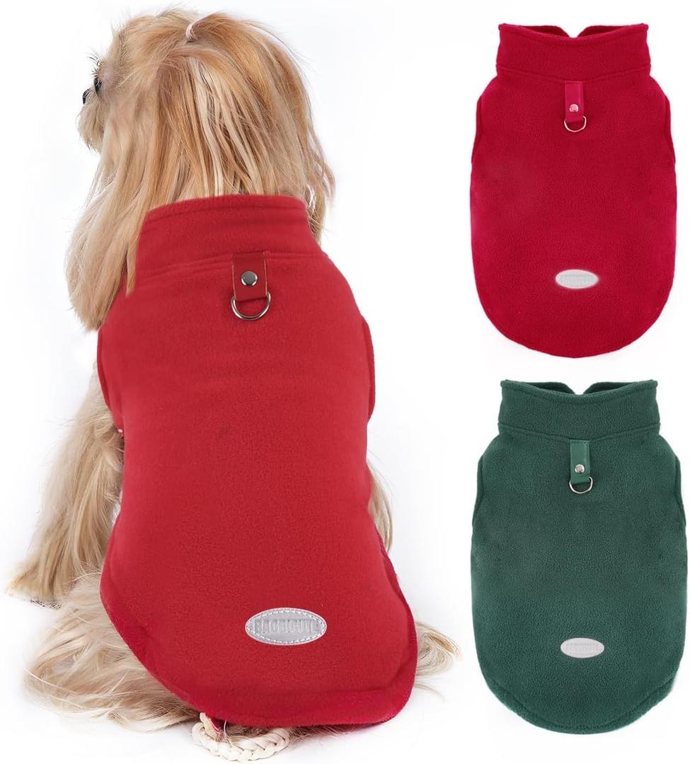 2Pack Fleece Dog Sweater Vest with Leash Ring Pullover Dog Clothes Sweaters for Small to Large Dogs with Reflective Strip Puppy Clothes Sweater Soft Lightweight Jacket for Fall/Spring/Winter (L (Back:16.54",Chest:21.26", 25-35 lbs), Red+Dark Green)