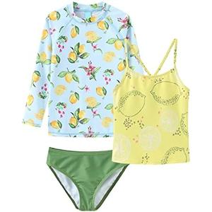 Girls 3 Piece Rash Guard Swimsuits Set Tankini Bathing Suits for Girls Long Sleeve Beach Swimwear 3-16 Years