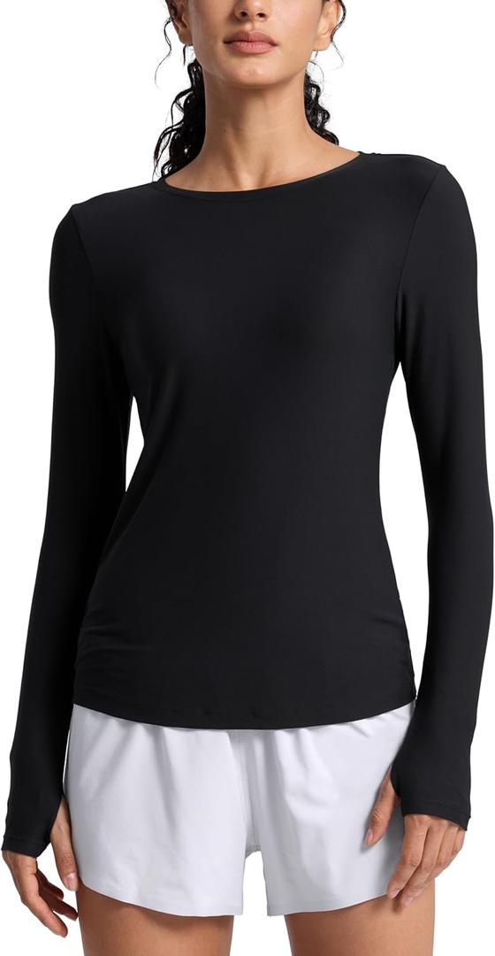 CRZ YOGA Womens Cloudweight Long Sleeve Workout Tops Lightweight Athletic Basic Shirts Soft Casual T-Shirt with Thumb Hole (Medium, Black)