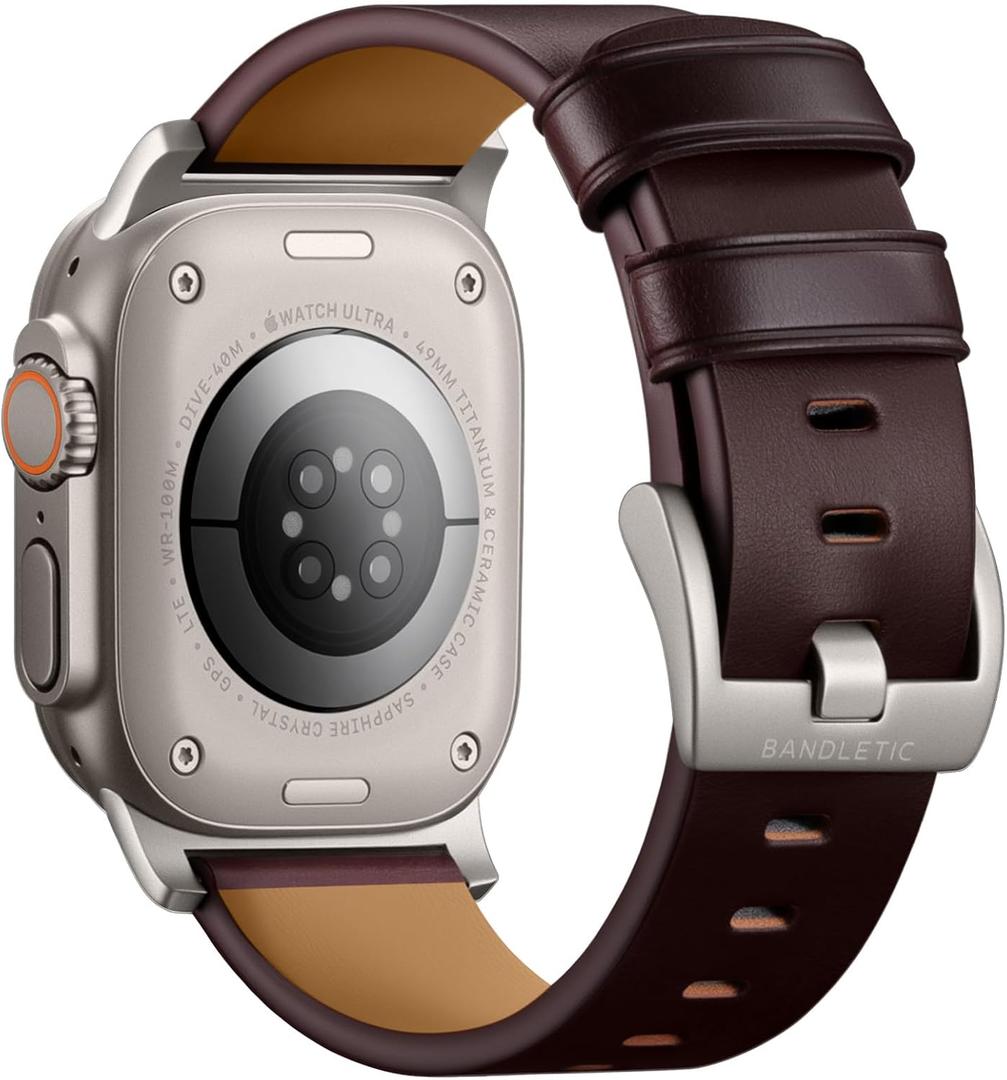 Bandletic Genuine Leather Bands Compatible with Apple Watch Ultra 3 Band for Men Women, Soft Replacement Strap for iWatch 49mm(Ultra 3/2/1),46mm(11/10),45mm(9/8/7),44mm(SE3/SE2/SE/6/5/4),42mm(3/2/1) (Titanium Adapter-Chestnut Brown)