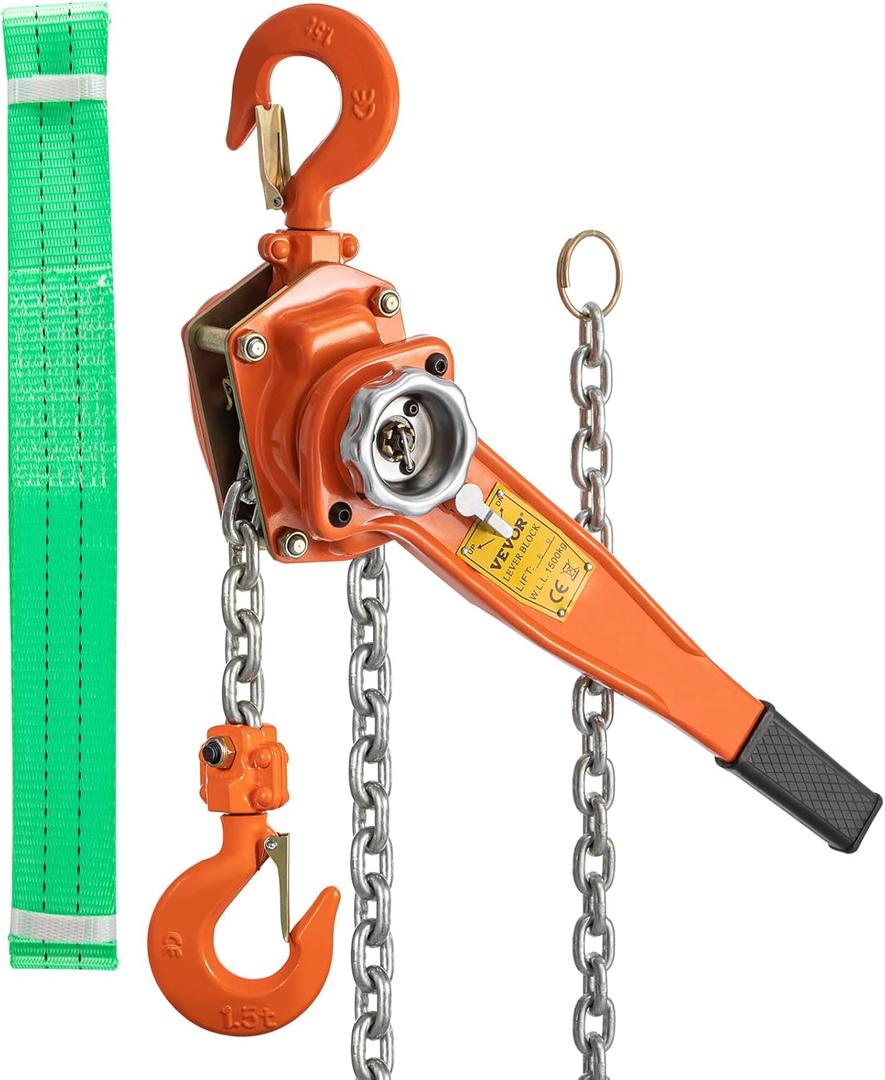 VEVOR Manual Lever Chain Hoist, 1.5Ton 3300lbs Capacity Ratchet Puller w/ 20FT Max. Lifting Height, Come Along 2 Heavy Duty Steel Hooks, Manual Handling Tool Cargo Moving in Construction, Warehouse