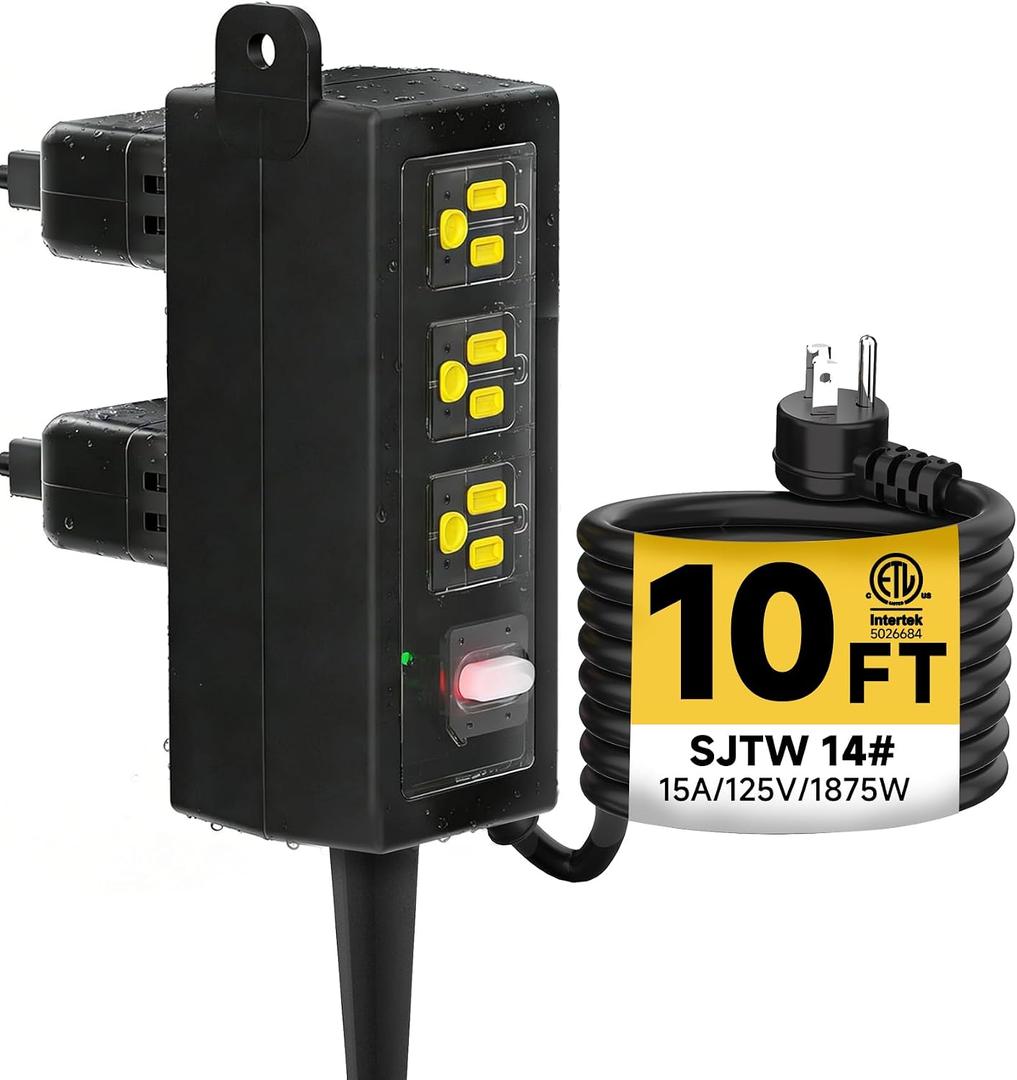Outdoor Extension Cord, 6 Wide Outlets, 1875W/15A, 10FT 14AWG Heavy Duty SJTW Power Strip with Surge Protector, All-Weather & IP66 Fully Waterproof, Ideal for Patio, Garden, Pool, RV, Black