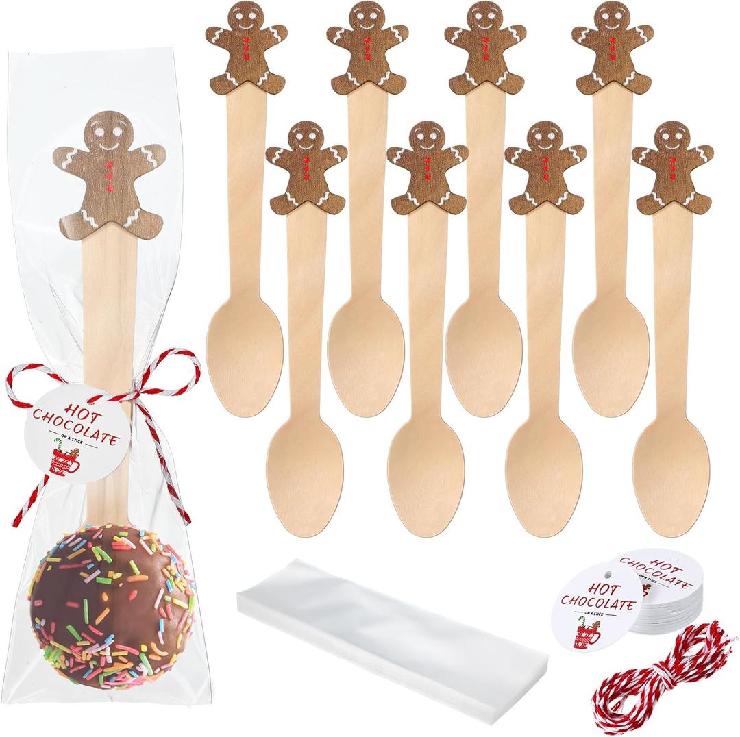 100 Set Christmas Wooden Spoons Hot Cocoa Chocolate Marshmallow Bar Stirring Spoons Chocolate with Tag Bag Rope Gift for Cake Candy Baking (Gingerbread,Delicate)
