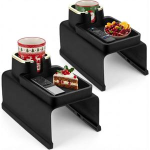 2 Pcs Couch Cup Holder Tray Silicone Anti-Spill Anti Slip Sofa Armrest Drink Holder Weighted Couch Caddy Recliner Arm Table for Remote Controls, Phones, Cups and Snacks (Black)