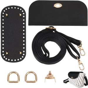 Beinkmake PU Leather Purse Crochet Set, Black Oval Bag Bottom with Flap Cover and Adjustable Shoulder Strap, DIY PU Leather Bag Knitting Set for Handbag, Purse and Crossbody Bags Making