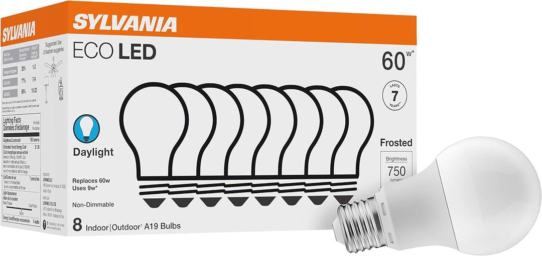 Sylvania ECO LED A19 Light Bulb, 60W Equivalent, Efficient 9W, 7 Year, 750 Lumens, Non-Dimmable, Frosted, 5000K, Daylight - 8 Pack (40883)