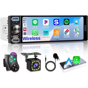 6.5" Single Din Car Stereo, Wireless Apple CarPlay Android Auto, Car Bluetooth 5.2, Car Radio with HD In-Cell IPS Touchscreen,FM/AM/RDS, Dual USB Type-C, HD Backup Camera, 180W Audio Output, Subwoofer