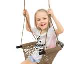 JKsmart Toddler Swing, Swing Seat for Kids Heavy Duty Rope Play Secure Children Swings Set, Perfect for Indoor,Outdoor,Playground,Home,Tree,with Snap Hooks & Straps,440 lbs Capacity, Light Brown