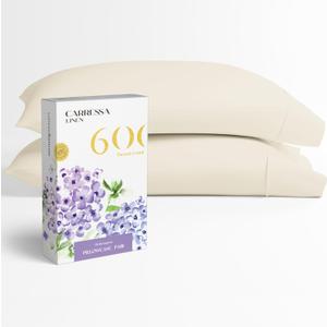 Carressa Linen 100% Egyptian Cotton Pillow Cases Set of 2-600 Thread Count Ivory Cream Standard/Queen Pillowcase for Sleeping, Soft, Silky Sateen Bed Pillow Cover, Extra Long Staple Pillowcases