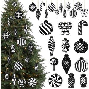 Syhood 36 Pcs Christmas Tree Ornaments Christmas Black and White Ornaments for Xmas Tree Snowflake Peppermint Lollipop Candy Cane Hanging Decor Silicone Decorations for Holiday Party