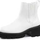 IDIFU IN2 Women's Chelsea Boots Platform Low Block Chunky Heeled Ankle Boots Round Toe Lug Sole Slip On Dress Boots Fall Work Dressy Comfortable Fashion Casual Short Booties Shoes (7, White Pu)