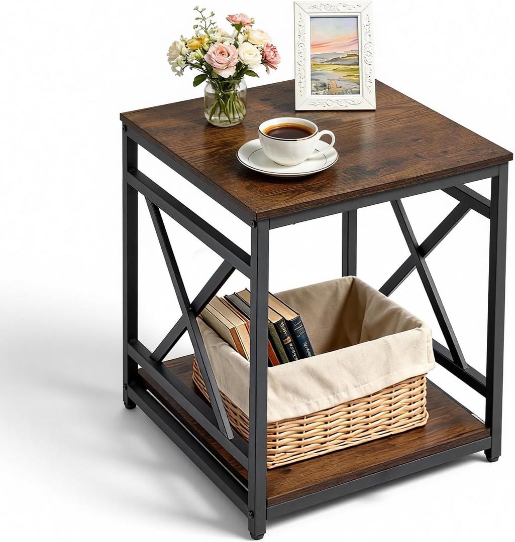 VEVOR End Table 18" Square, 2-Tier Side Table with Open Storage Shelves, Industrial Nightstand Bedside Table with Metal Frame & Wood Top, Small Sofa Table for Living Room, Bedroom, Office, Dorm, 18" x 18" x 20"