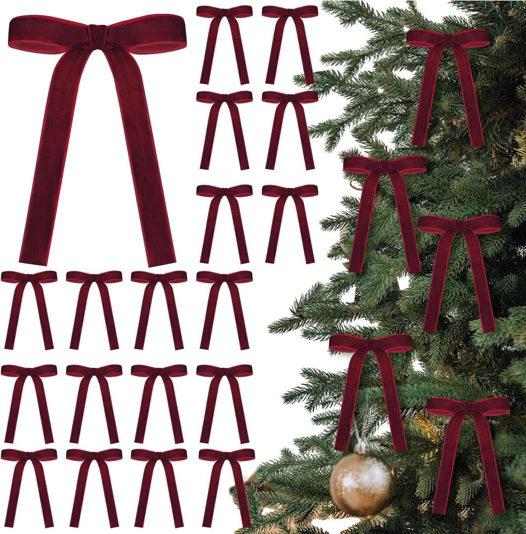 24 Pcs Velvet Bows for Christmas Tree Vintage Ribbon Bows for Crafts Garland Home Coquette Wedding Birthday Decor(5 x 7 Inch,Width of 1",Burgundy)