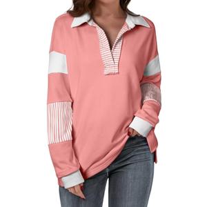 BLENCOT Women Oversized Sweatshirts Color Block Long Sleeve Loose V Neck Fall Outfits 2024 Fashion Slit Pullover (Small, Pink)