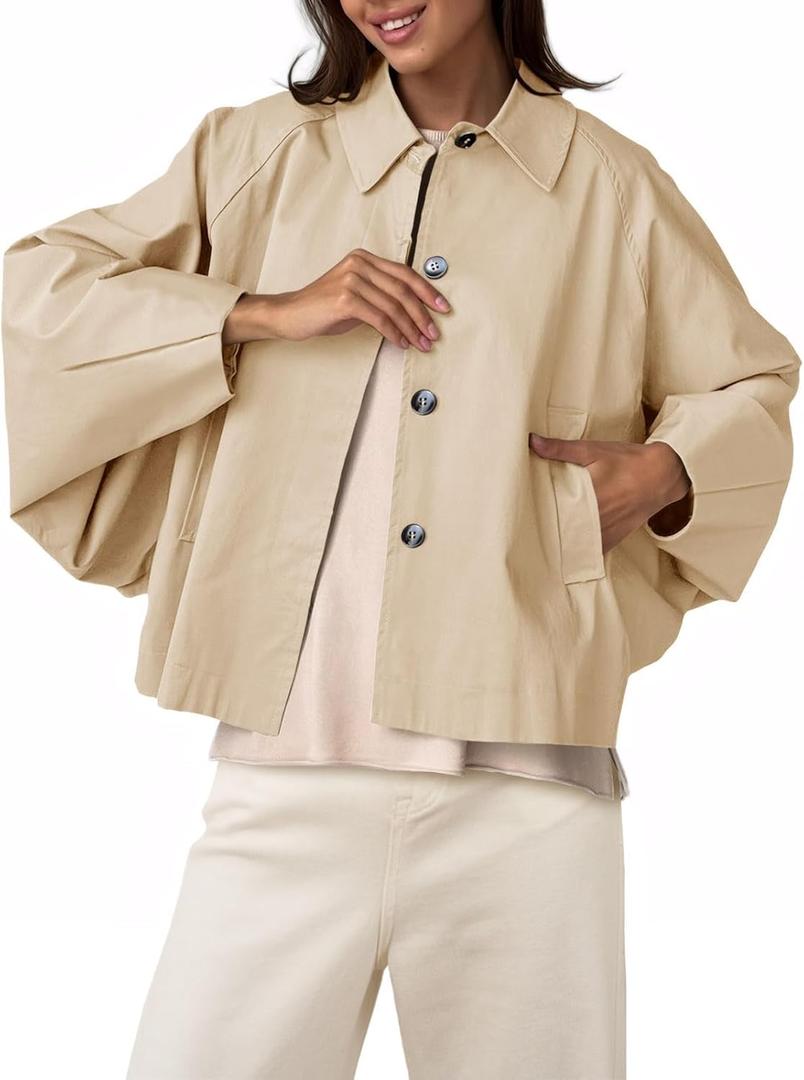 Cicy Bell Womens Cropped Jacket Lightweight Batwing Sleeve Trendy Casual Short Trench Coats Button Up Outerwear (Beige, M)