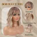 Blonde Wig with Bangs Short Wavy Wigs for Women Ombre Honey Blonde Curly Shoulder Length Bob Wig Synthetic fiber Wigs for Cosplay Daily Party Use (14 Inch)