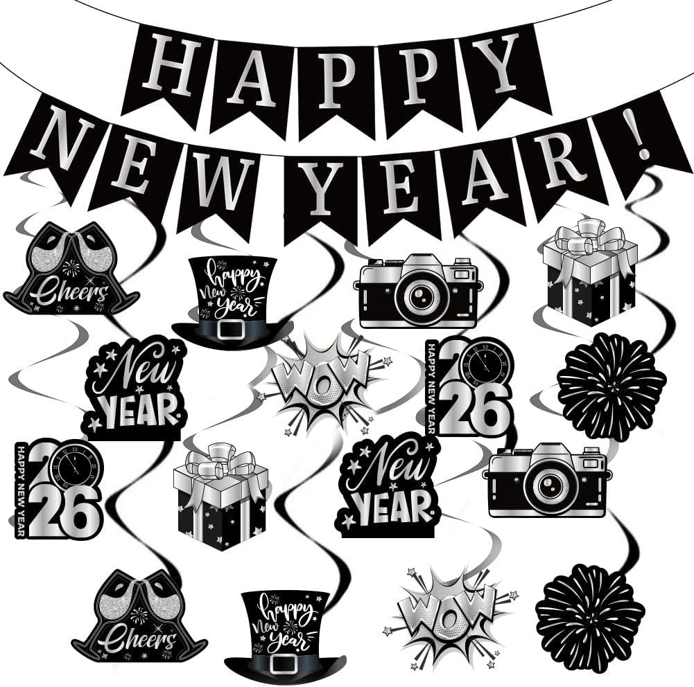 New Year Decorations 2026, Happy New Years Banner& 16Pieces Hanging Swirls for Happy New Year Eve NYE Party Supplies( Black Silver)