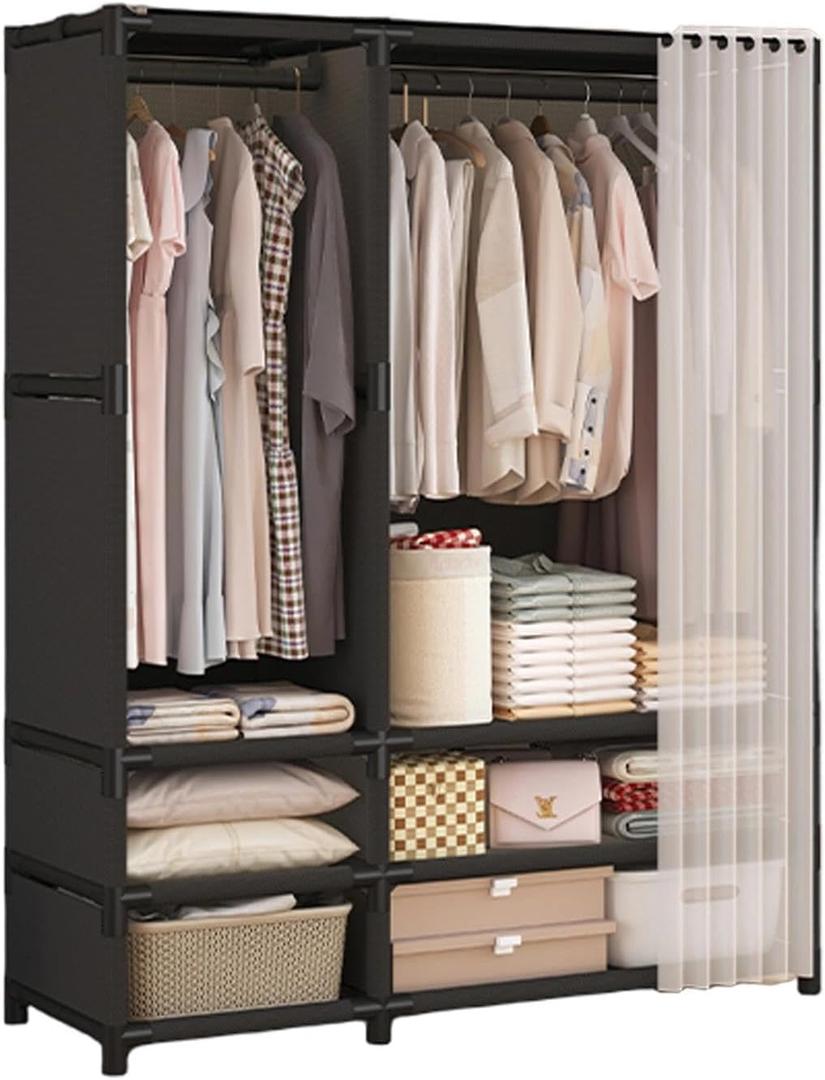 Portable Closet,Portable Closets for Hanging Clothes,Japanese Style Wardrobe with 2 Hanging Rods,6 Storage Shelves,43.3" L x 17.7" W x 65.1" H,Black