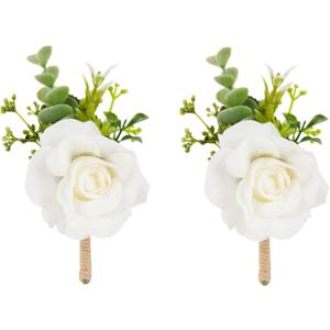 Meldel Ivory White Rose Boutonnieres for Men Wedding, Set of 2, Artificial Corsage for Prom, Groom and Groomsmen Boutonniere for Ceremony, Formal Dinner Party, Fall Rustic Wedding, Homecoming