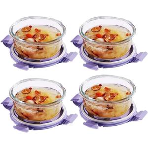4 Pack Round Glass Food Storage Containers With Lids, Small Glass Meal Prep Bowls, 1.5 Cup Round Food Containers With Lids BPA-Free, Microwave, Dishwasher, Freezer Safe (Purple)