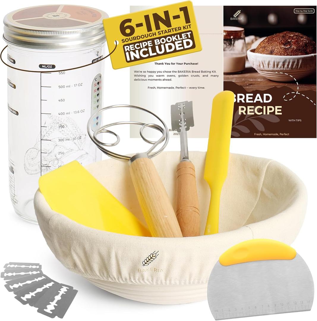 BAKERIA 9" Round Banneton Bread Proofing Basket Set with Starter Jar, Linen Liner, Bread Lame, Dough & Bench Scraper, Bread Whisk  Complete Artisan Sourdough Baking Kit