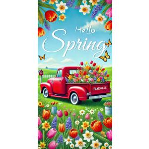 Hello Spring Door Cover 71x35 Inch Red Truck Door Banner Spring Door Cover Porch Sign Spring Floral Butterfly Door Covers for Front Door Covers Party Decorative Supplies Yard Banner