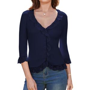 GRACE KARIN Lightweight Cardigan Sweaters for Women 2025 3/4 Sleeve Lace Button Open Front Bolero Shrug (X-Large, Navy Blue)