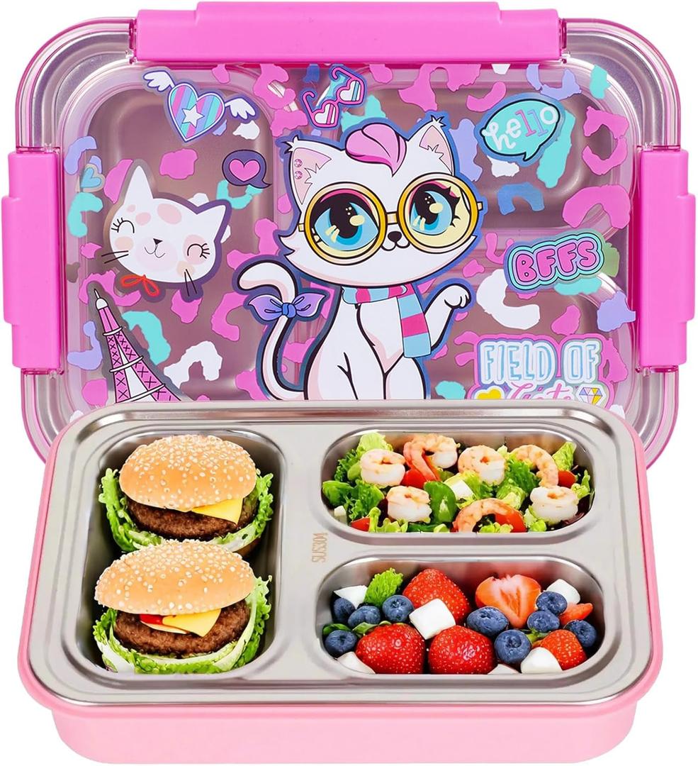 Stainless Steel Bento Lunch Box for Kids, 710ml/23.5oz BPA-Free Leak-Proof Food Containers with 3 Compartments, Back to School Students Daycare Lunches Snack Container Size for Ages 3-7 (G42. Cat)