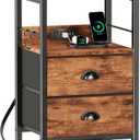 Furologee End Table with Charging Station, Nightstand with Fabric Drawers, Side Table with USB Ports & Outlets, Night Stand with Storage Shelf & Hooks, for Living Room/Bedroom, Rustic Brown
