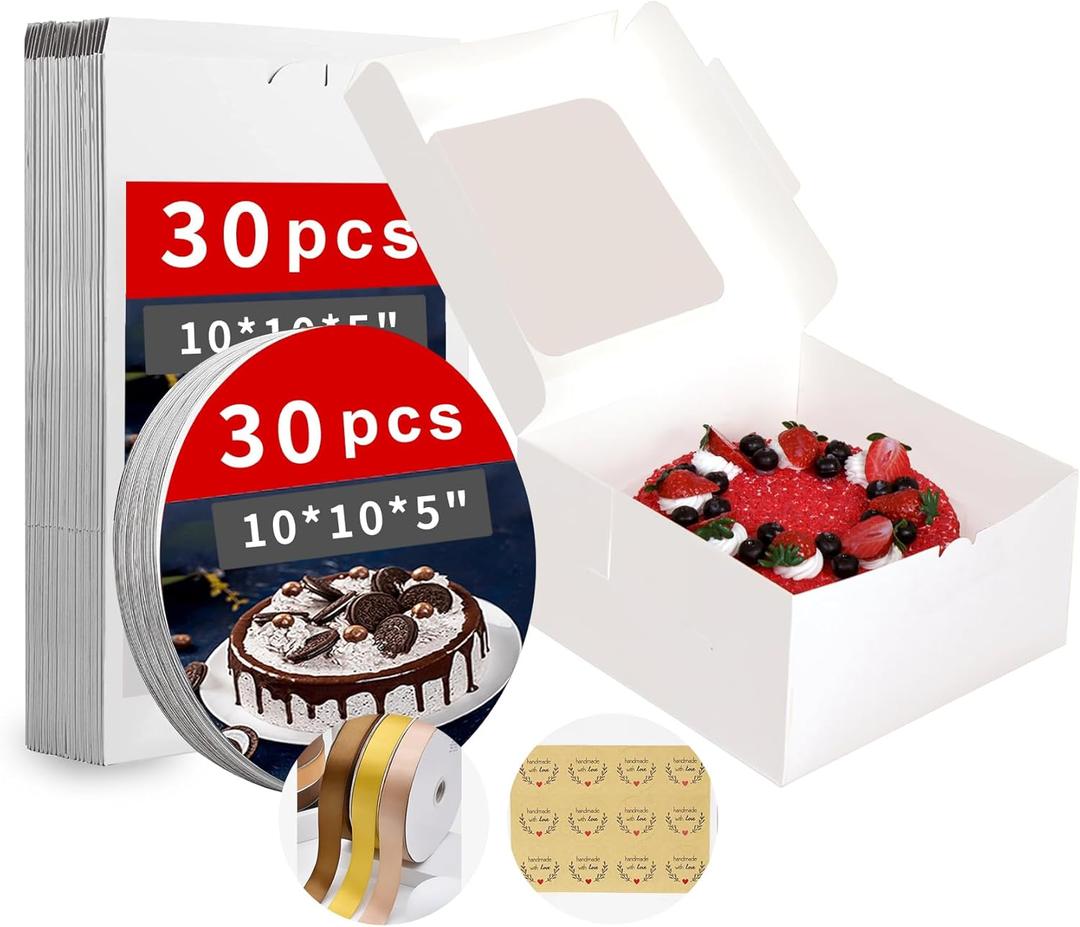 Zzrywuty White 10x10x5 Inches Cake Box with Cake Boards (60Pcs, 30Pcs Boxes and 30Pcs Boards), Bakery Boxes with Clear Window for Cake, Dessert, Cookie, Birthday, Party, Wedding