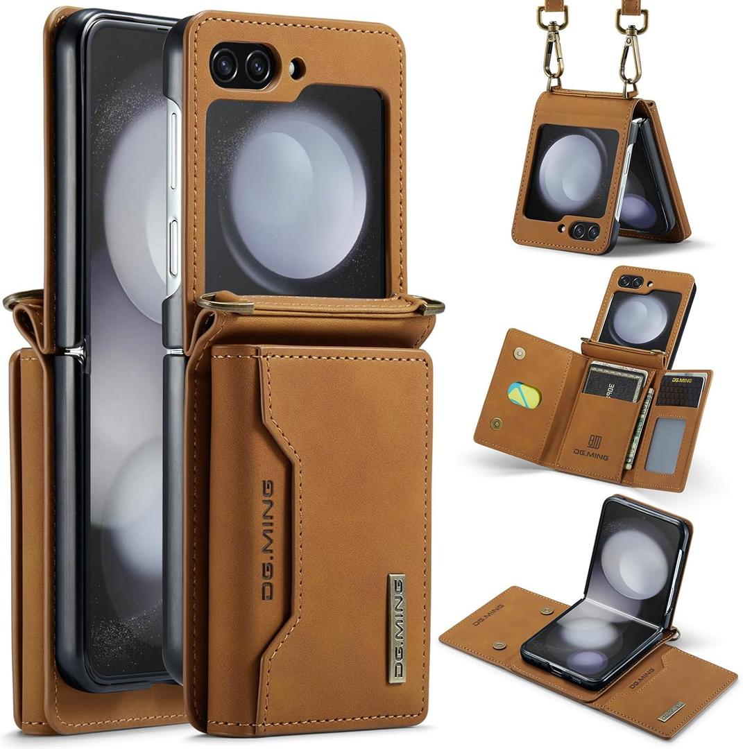 for Samsung Galaxy Z Flip 7 Case with Crossbody Wallet, 8 Cards Slot and Premium Leather Kickstand Vintage Card Holder.(Brown)