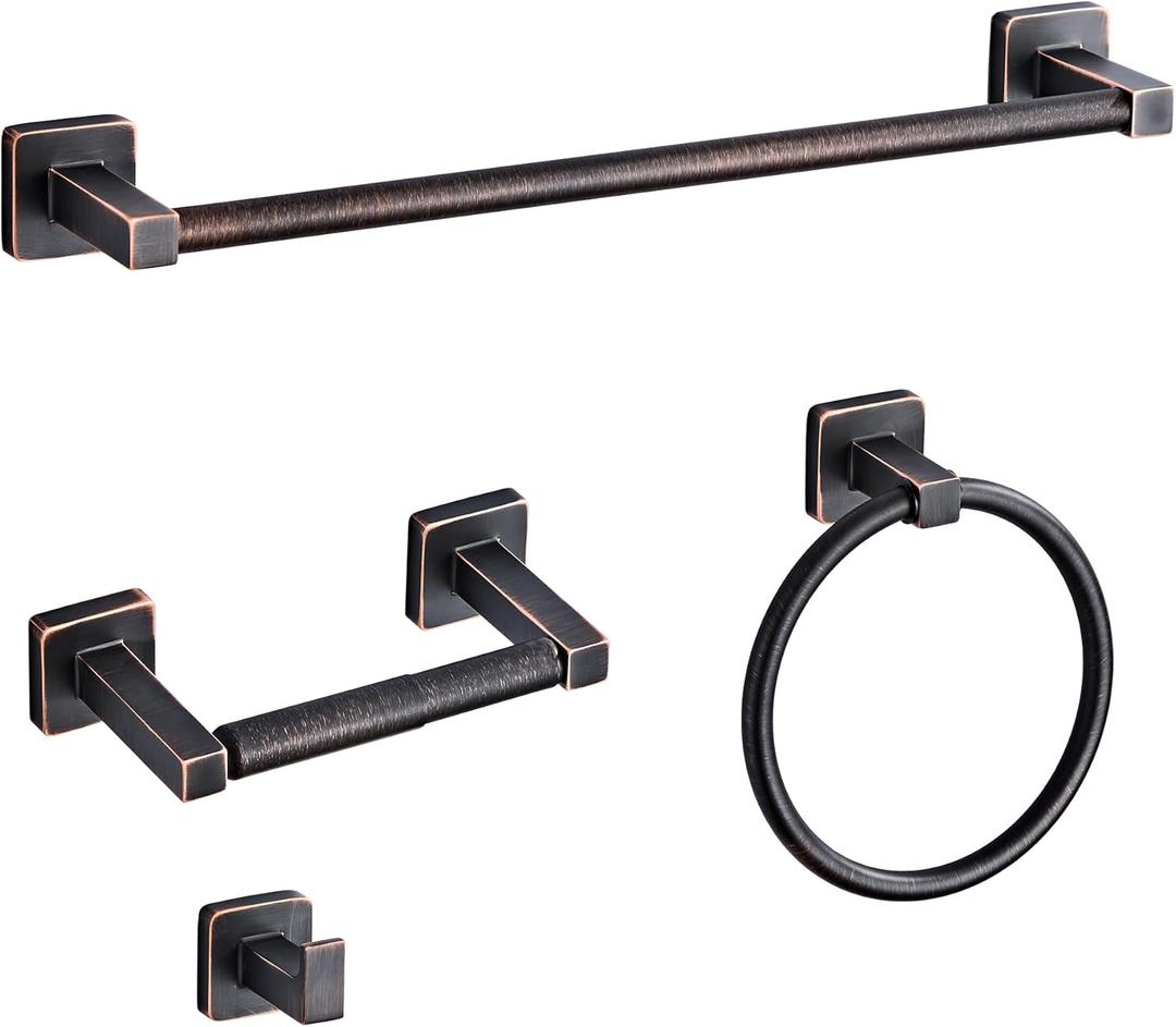 Bathroom Hardware Set 4 Pieces,Oil Rubbed Bronze Towel Bar Set Stainless Steel Wall Mounted, Includes 16In Hand Towel Bar, Towel Ring, Robe Towel Hooks,Toilet Paper Holder, Bathroom Towel Rack Set