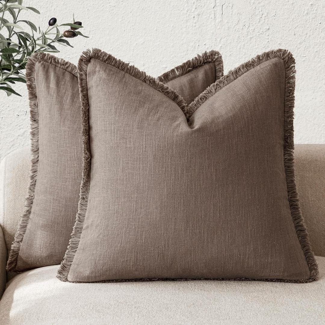 Foindtower Set of 2 Decorative Linen Fringe Throw Pillow Covers Cozy Farmhouse Cushion Cover with Tassels Accent Pillowcase for Couch Chair Sofa Bed Living Room Home Decor,16×16 Inch,Light Coffee