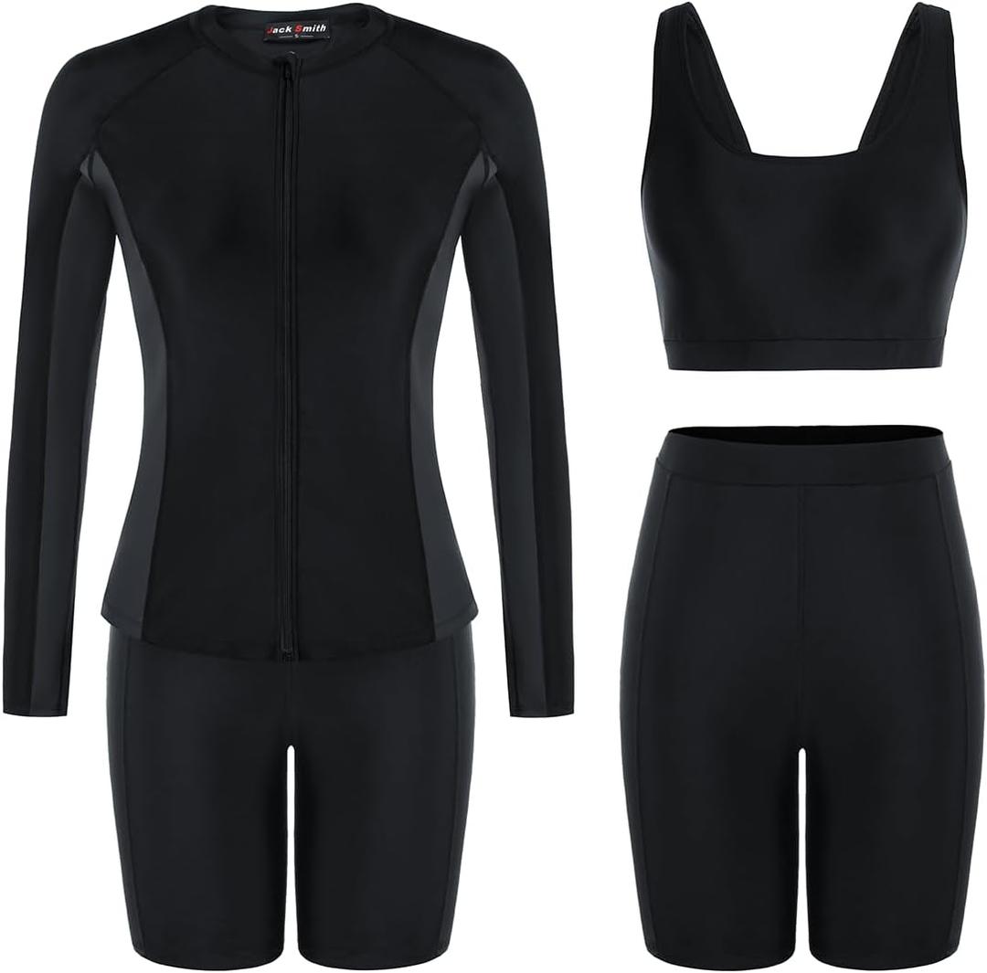 JACK SMITH Women's 3 Piece Long Sleeve Rash Guard Swimsuits Zip Front Bathing Suit Tankini Swimsuits UPF 50 (Black, M)