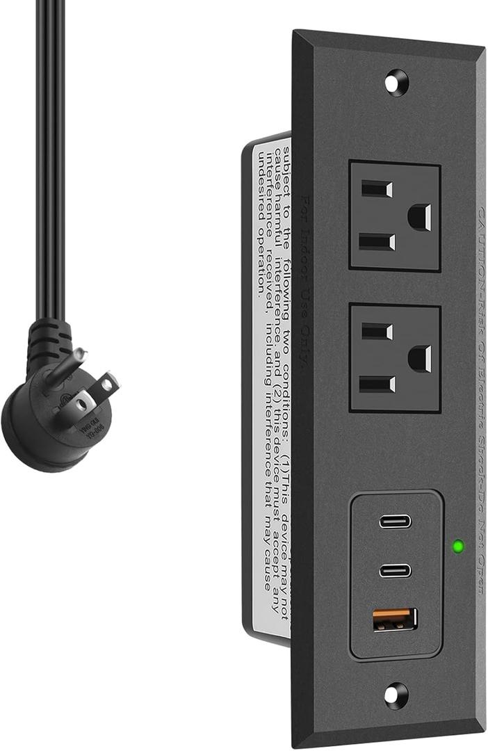 CCCEI Recessed Power Strip with 45W USB-C Ports, Fast Charging USB A Port Desk Outlet, Black Furniture Hidden Charging Station for Side Table, End Table, with 10FT 45 Degree Flat Plug Extension Cord.
