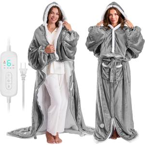 Wearable Heated Blanket Electric Snuggle Throw Blankets,Flannel&Sherpa Heating Blanket with Sleeves Foot Pocket (Light Gray)