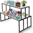 2-Tier Display Table with White Wood Top & Black Metal Frame, Heavy-Duty Retail Display Stand for Boutique, Shoes & Handbag Display Stand Store Display & Home Storage Shelves Retail Shelving