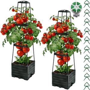 2Pcs Raised Garden Bed Tomato Planter Box with Trellis, 45 Inch Self-Watering Large Tomato Cage for Patio Garden Pots, Climbing Plants Cucumber Vine Vegetables Flowers Outdoor & Indoor