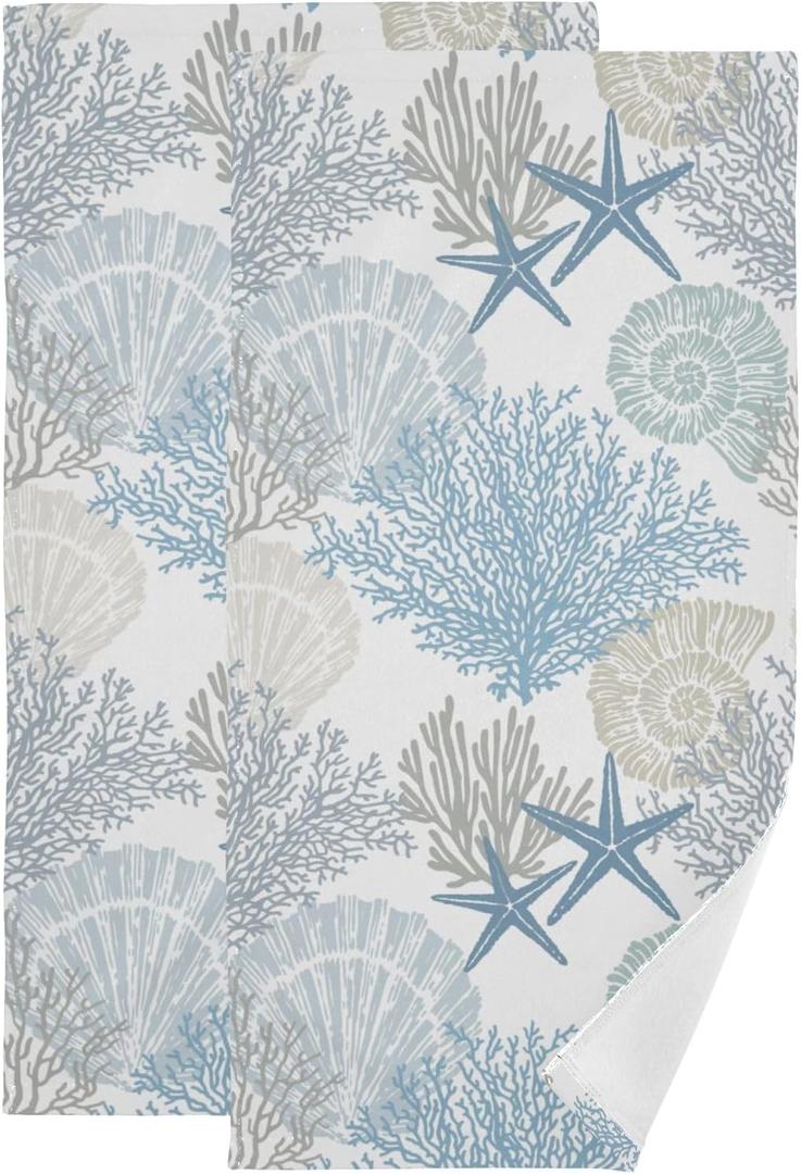 2 Pack Nautical Coastal Hand Towels Soft Absorbent Blue White Coral Starfish Seashell Beach Themed Bathroom Decor Guest Face Bath Towels,Decorative Ocean Towels for Bathroom,Kitchen 14"x28"