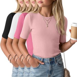 4 Pack Girls Soft Shirts | Short Sleeve, Ribbed, Slim Fit Tops, Crewneck, Cute, Casual, Basic Tee Shirts, Summer, Stretchy, Daily School Wear