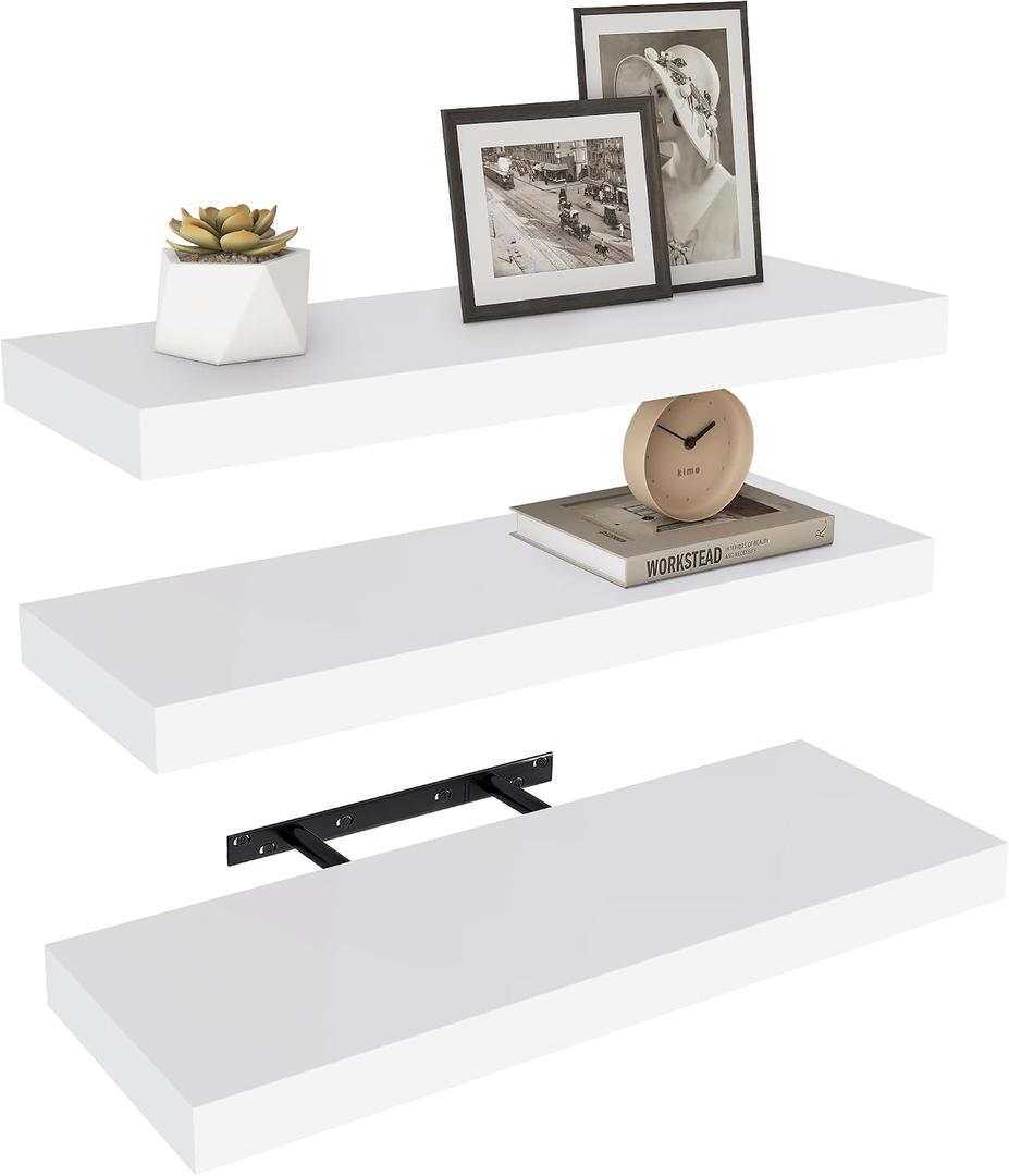 Vervida White Floating Shelves for Wall 24" W x 7.9" D x 1.5" H, Modern Style, for Living Room, Bedroom, Bathroom, Kitchen, Office, Storage, Display, with Invisible Brackets Wall Shelves(3 Pack), 24x7.9
