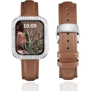 BINLUN Leather Band Compatible with Apple Watch 46mm 45mm 44mm 42mm 41mm 40mm Women Leather Strap with Glitter Diamond Case Compatible with iWatch Series 11/10/9/8/7/SE3/SE2/SE/6/5/4 (Brown-Silver)