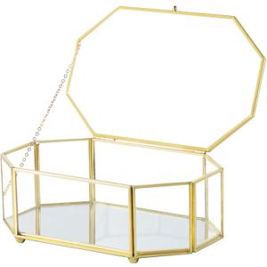 Glass Keepsake Organizer - Vintage Octagon Lidded Gold Home Decor Accent Box for Storage Rings, Bracelets