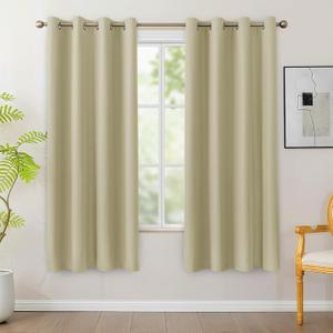 BONZER 100% Blackout Curtains 63 Inches Length - Grommet Window Drapes, Single Layer Noise Reducing Light Blocking Curtain with Black Laminated Backing for Bedroom, Living Room, Beige, 2 Panels