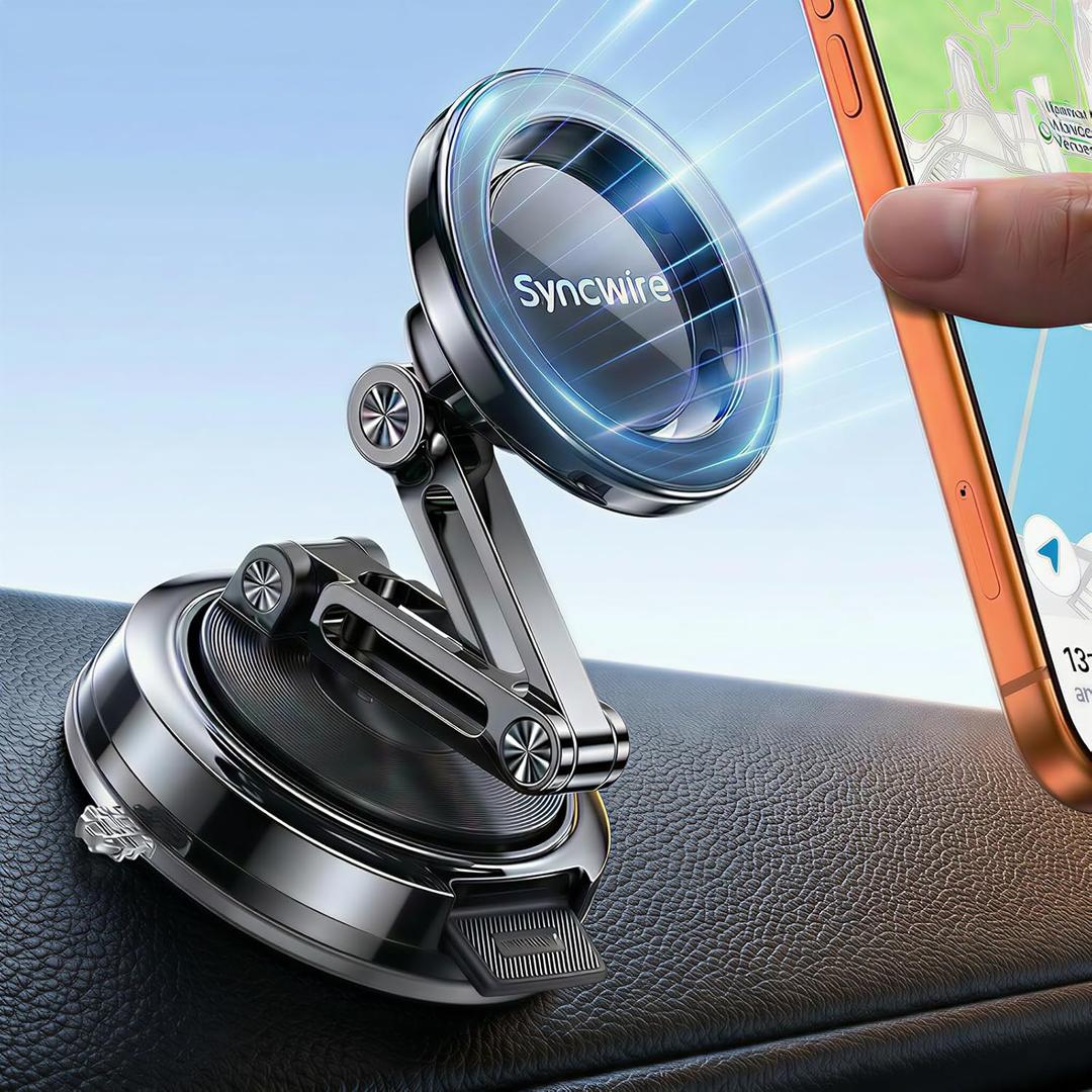 SYNCWIRE for MagSafe Car Mount [3-Axis Adjustable], Vacuum Magnetic Phone Holder with Replaceable Suction Cup Dashboard/Windshield, 360 Rotation & Foldable, for iPhone 17-12 Pro Max Plus