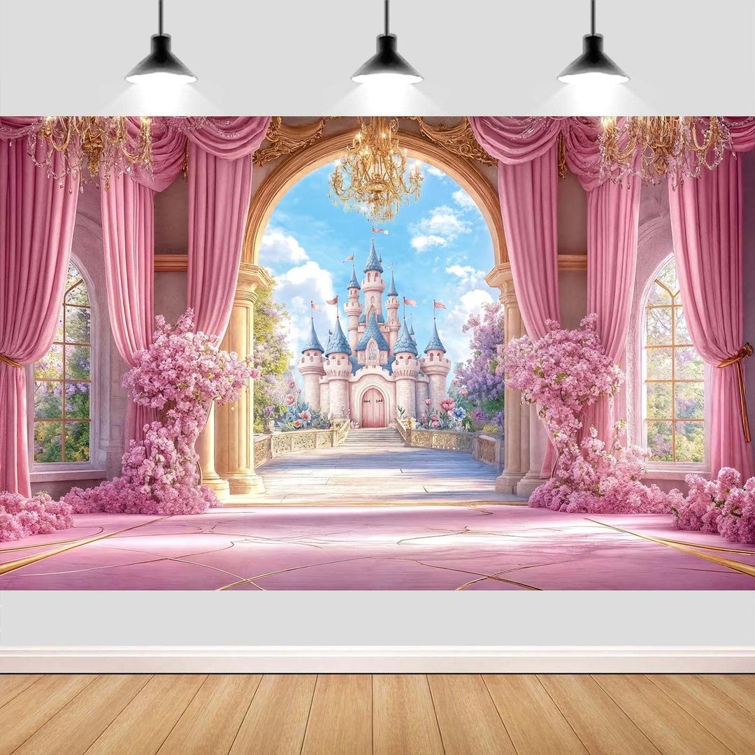 20X10ft Princess Castle Backdrop Pink Fairy Tale Wonderland Floral Arch Girls Birthday Party Wedding Baby Shower Banner Studio Photo Booth Kids Photoshoot Wall Decor Banner