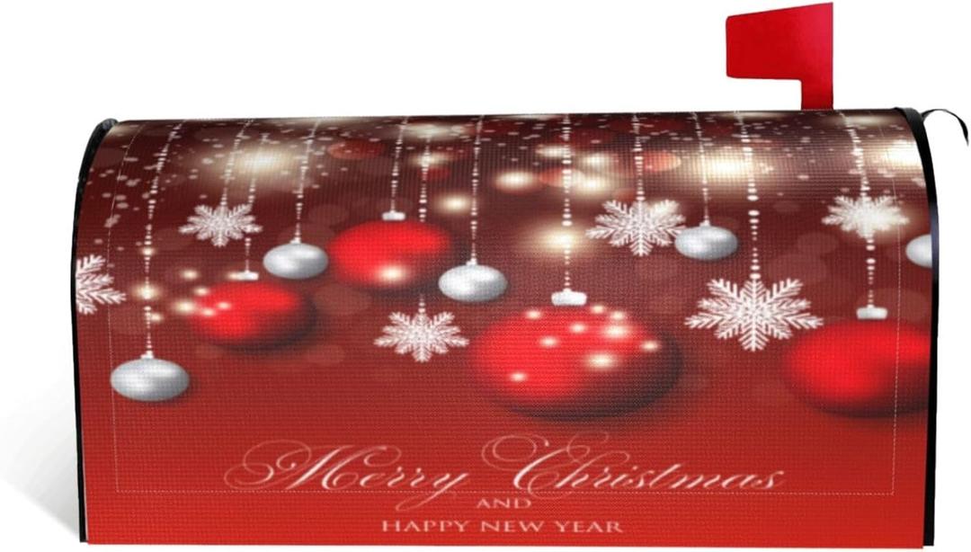Christmas Mailbox Covers Red Glitter Snowflake Ball Magnetic Letter Post Box Cover Standard Size 25.5 x 21 Inch Garden Yard Home Decorative