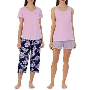 Carole Hochman Women's 4-Piece 100% Cotton Pajama Set – V-Neck T-Shirt, Tank, Capri Pants & Shorts with Drawstring & Pockets M